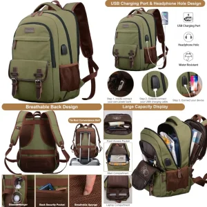 Canvas Travel Laptop Backpack  Computer Bag Fits Notebook,  with USB