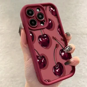 Luxury Wine Red Cherry Print Case for IPhone  Shockproof Silicone Phone Cover